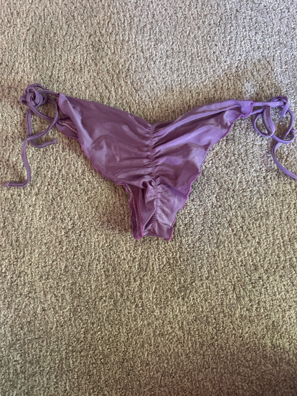 Lilac Satin Triangle Bikini Bottom Lettuce Edge Side Tie Super Cheeky